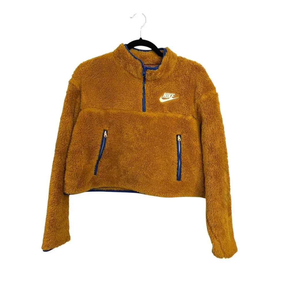 Nike Sherpa Fleece Half-Zip Womens Medium Mustard Gold Cropped Blue Trim